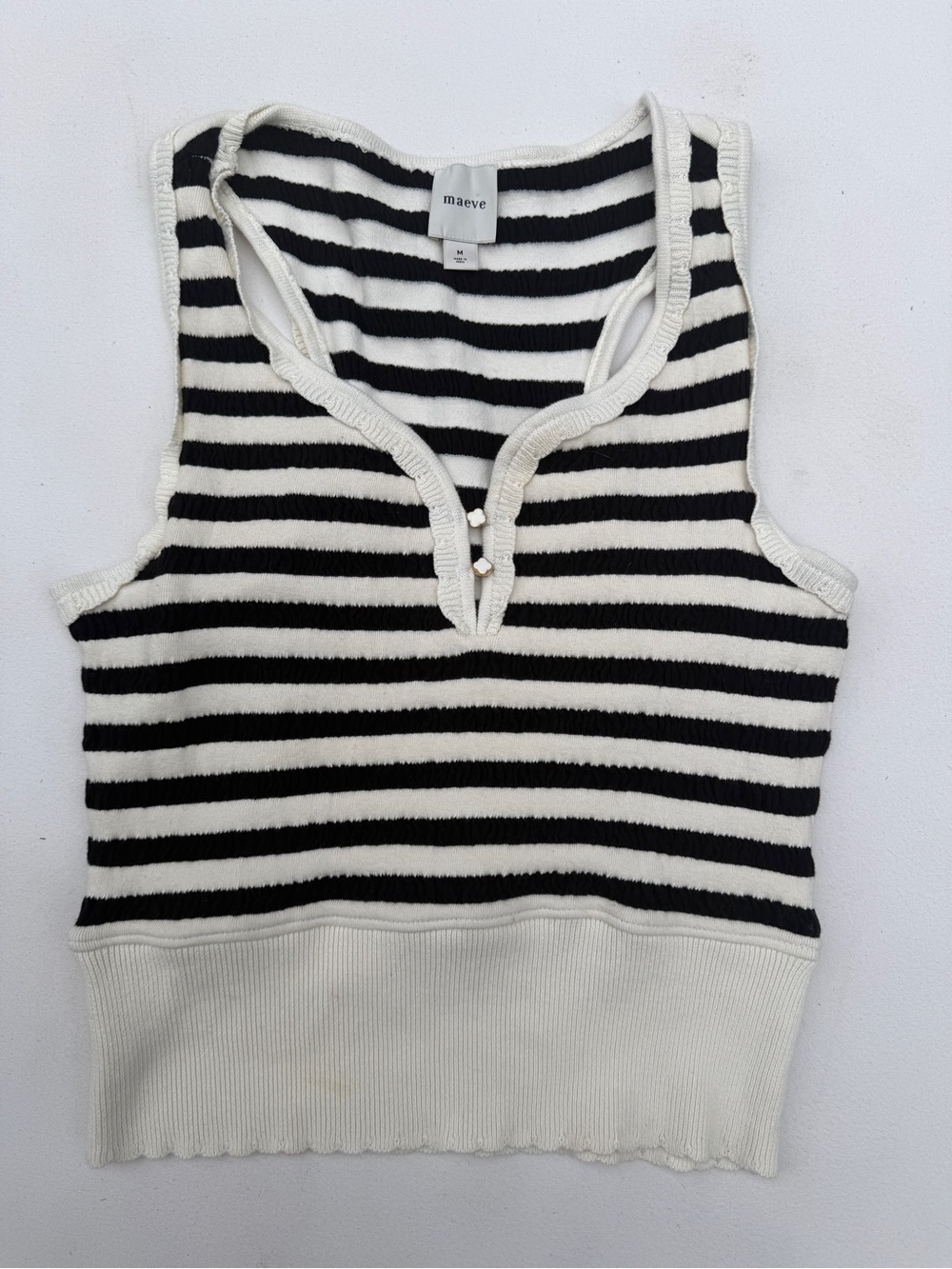 Maeve Black and White Striped Notch-Neck Knit Tank